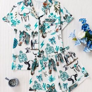 Western Print in White and Teal